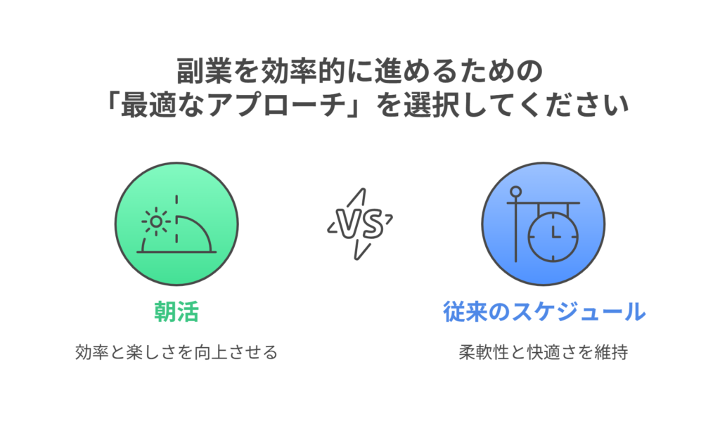 「副業を効率的に進めるためのアプローチを比較。左は“朝活”で効率と楽しさの向上、右は“従来のスケジュール”で柔軟性と快適さを維持。あなたにとっての最適な選択肢を示すビジュアル。」

